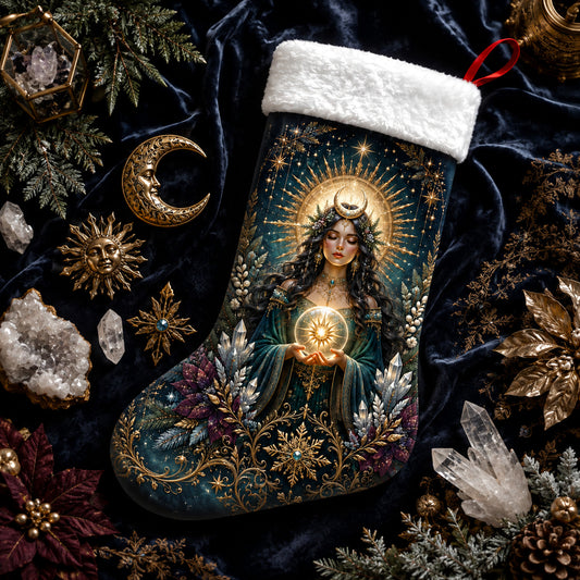 Sun Goddess Christmas Stocking Golden Halo Witchy Solstice Decor