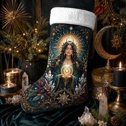 Sun Goddess Christmas Stocking Golden Halo Witchy Solstice Decor, styled shot 3