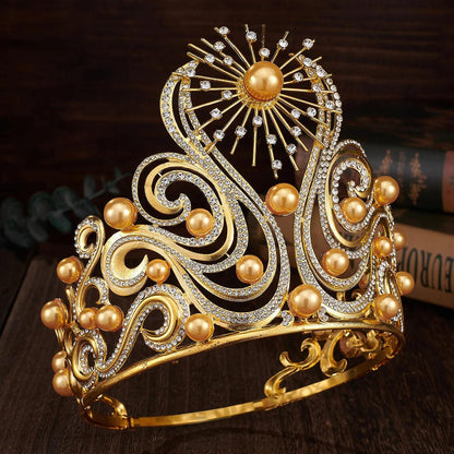 Sun Goddess Crown Wicca Pagan Tiaras Shiny Rhinestone Pearls Bride Wedding Crown-MoonChildWorld