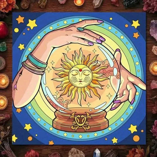 Sun Guardian Crystal Ball Witch Tarot Tablecloth – Mystical Altar Cloth for Divination, Meditation-MoonChildWorld