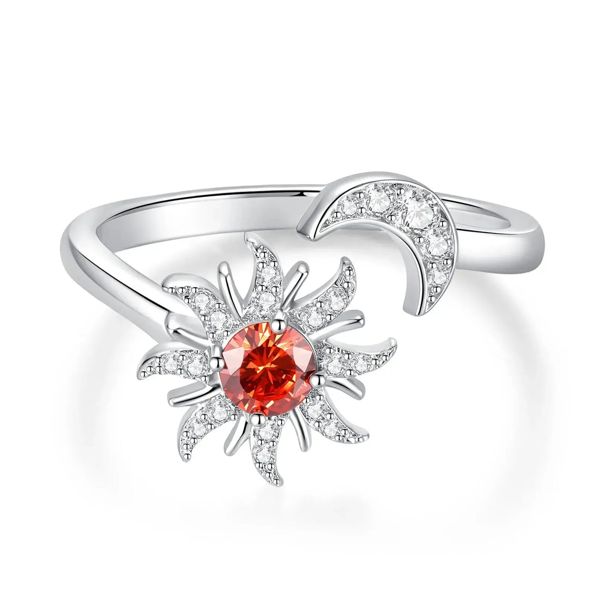 Open sun and moon ring product view: Sun Moon Adjustable Ring in 925 Sterling Silver, featuring a radiant sun and crystal-accented crescent moon on an open band.