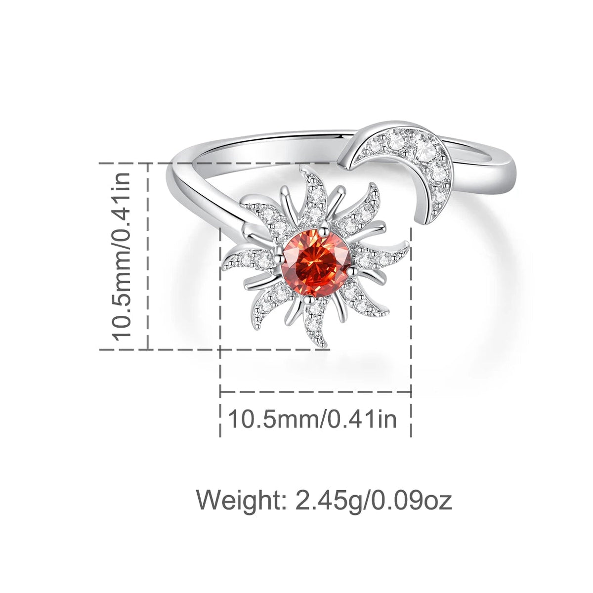 Ring motif measurement diagram: Sun Moon Adjustable Ring in 925 Sterling Silver, featuring a radiant sun and crystal-accented crescent moon on an open band.