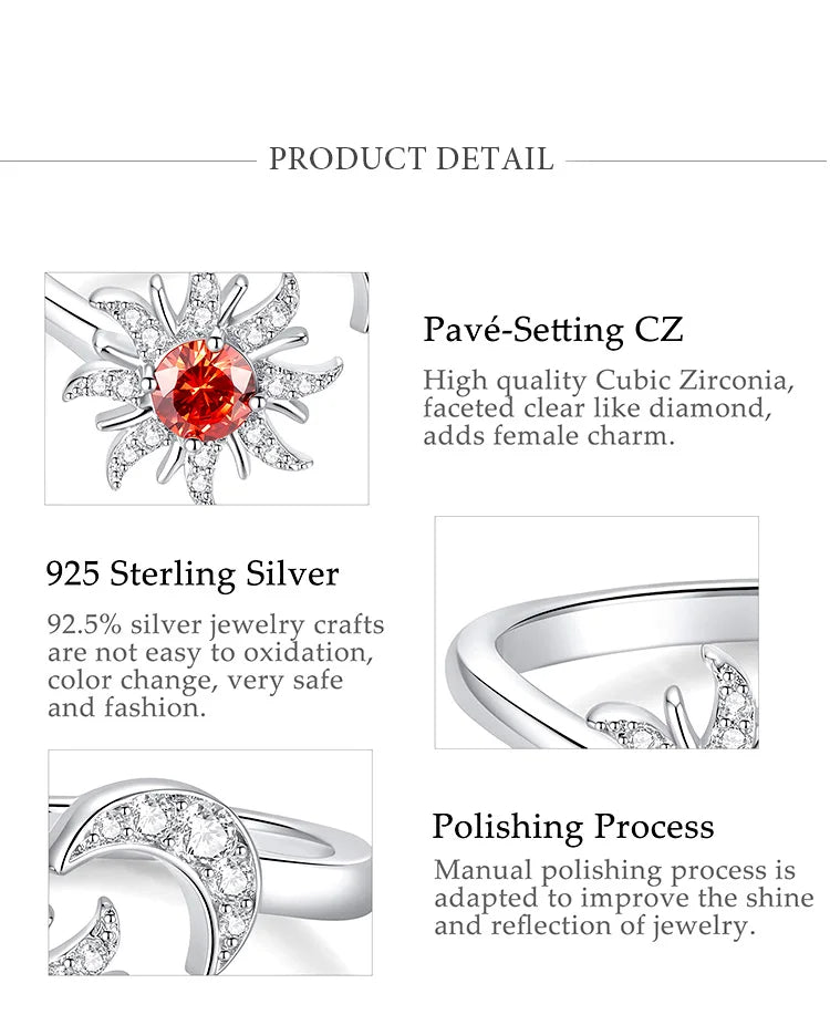 Ring material and setting detail graphic: Sun Moon Adjustable Ring in 925 Sterling Silver, featuring a radiant sun and crystal-accented crescent moon on an open band.