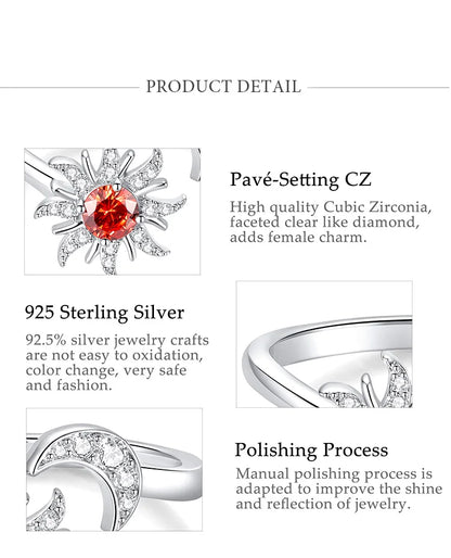 Ring material and setting detail graphic: Sun Moon Adjustable Ring in 925 Sterling Silver, featuring a radiant sun and crystal-accented crescent moon on an open band.