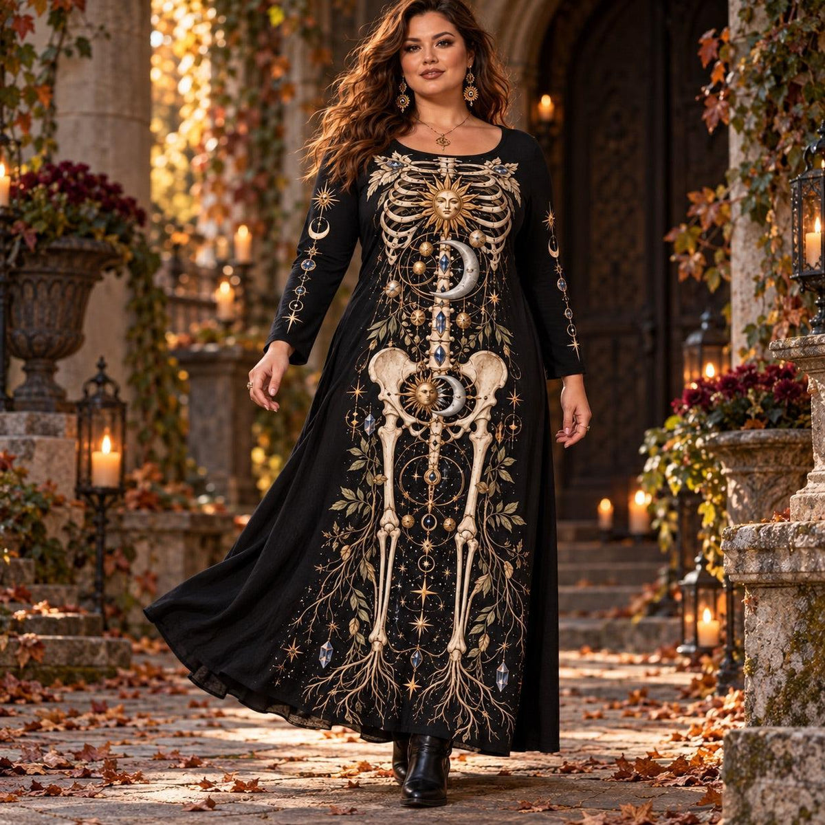 Sun Moon Alchemist Plus Size Witch Dress – Gothic Long Sleeve Maxi – worn, in motion