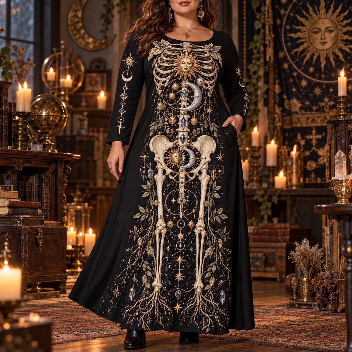 Sun Moon Alchemist Plus Size Witch Dress – Gothic Long Sleeve Maxi – worn, front view