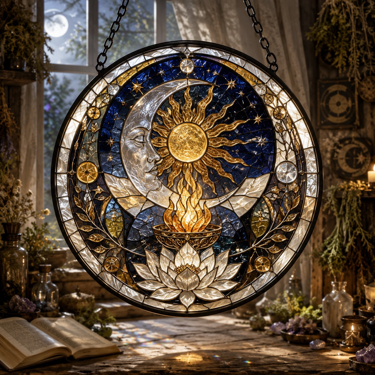 Sun Moon Altar Circle Glass Suncatcher - window display