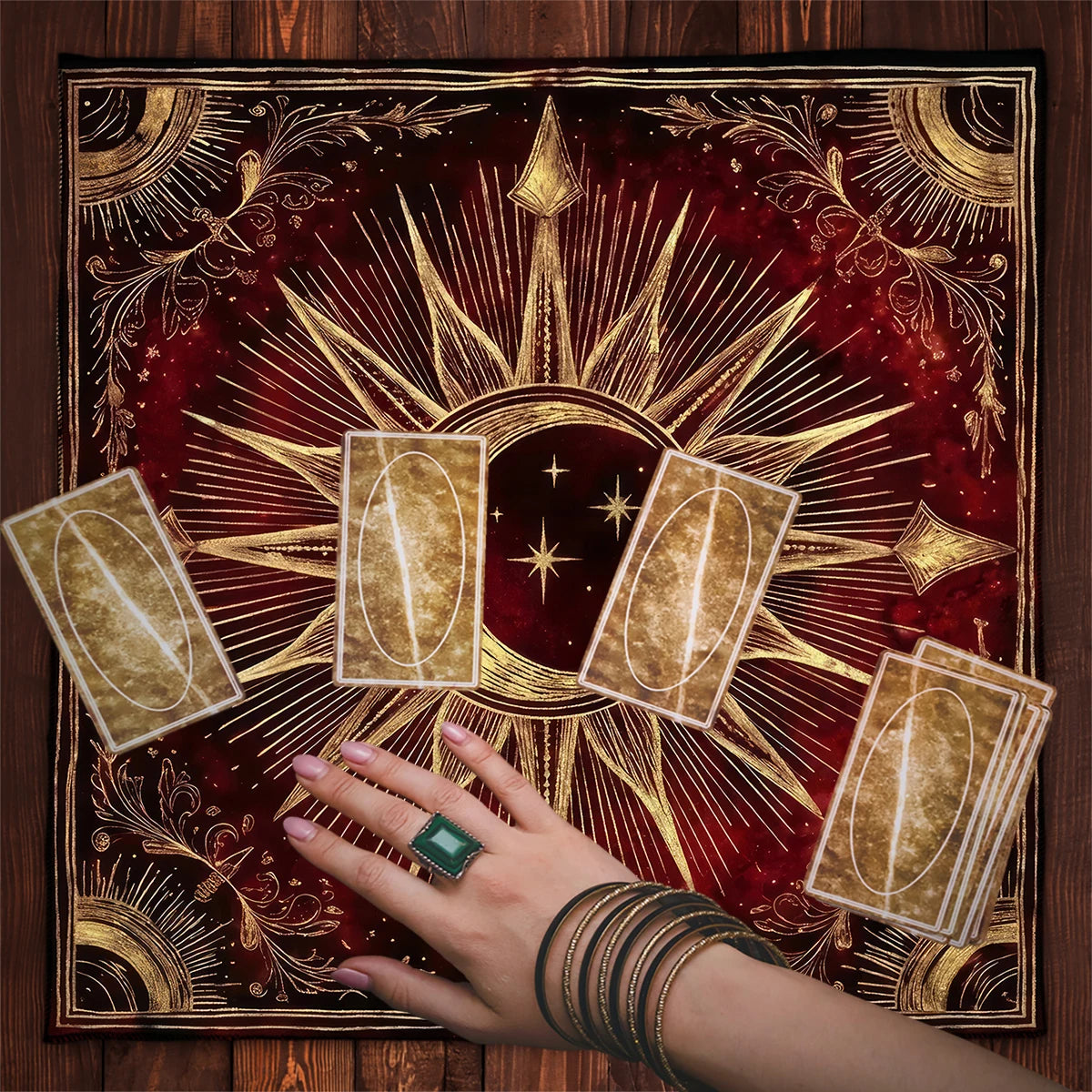 Astrological tarot cloth – sun and moon print detail close-up
