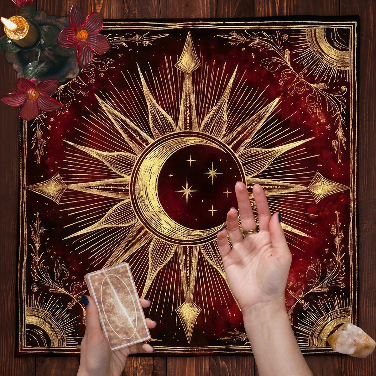 Celestial altar cloth – tarot spread laid out on astrology mat