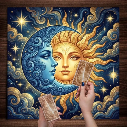 Blue gold celestial sun moon face tarot altar cloth – Pagan boho witchy divination mat
