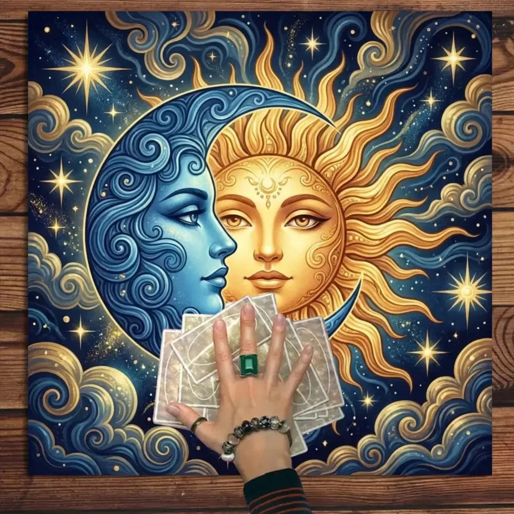 Sun moon face starry sky meditation altar cloth blue gold – Wiccan crystal ritual mat