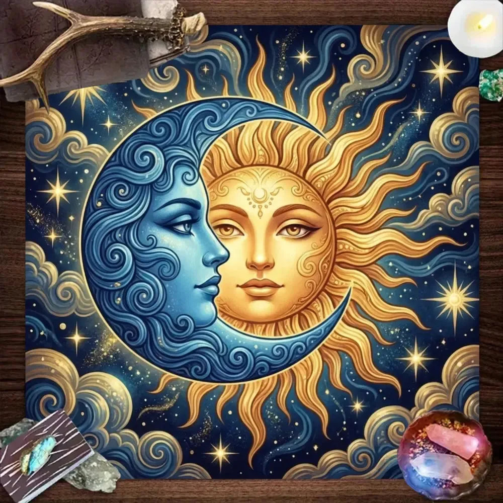Sun and Moon Face Altar Cloth blue gold starry sky – Wiccan tarot meditation ritual mat