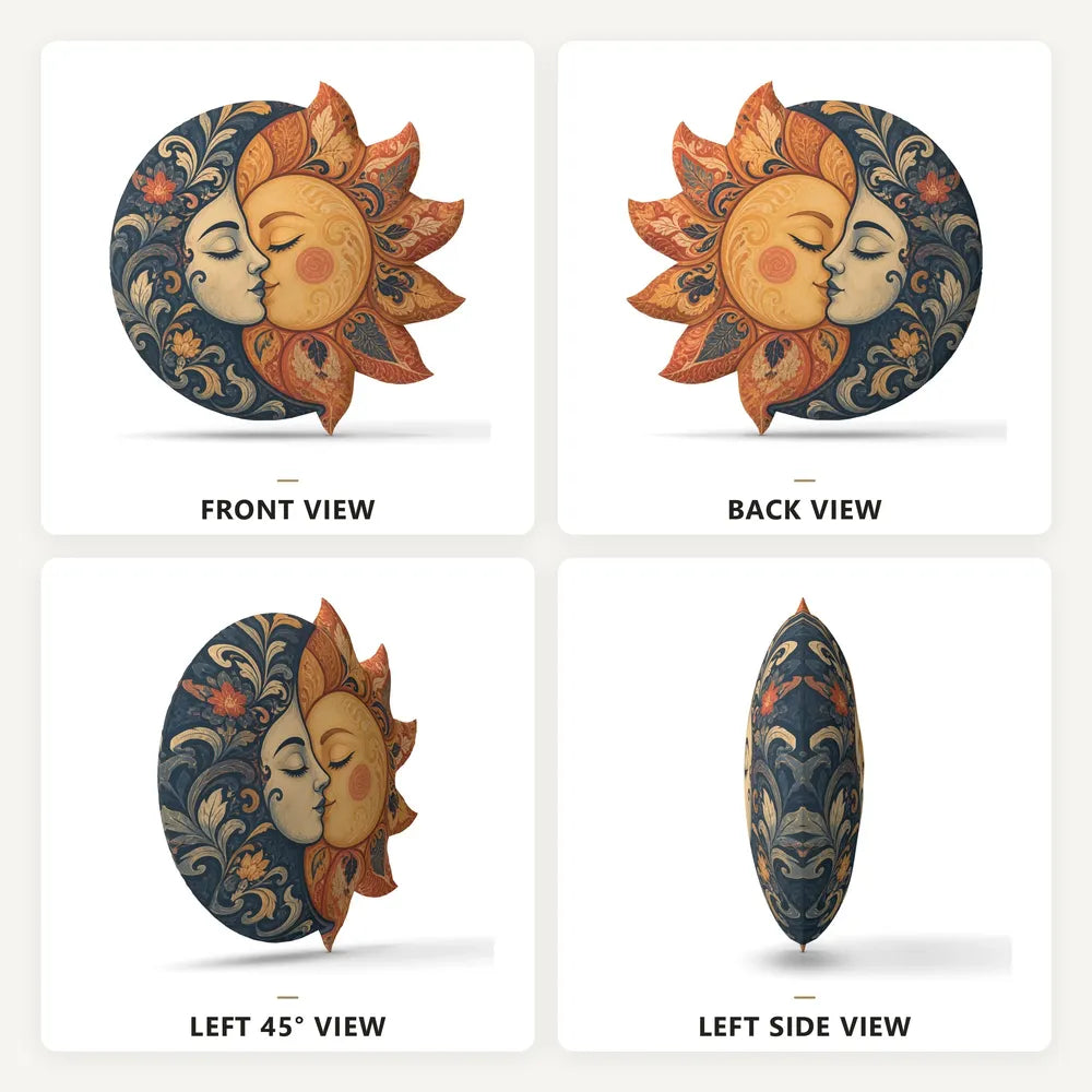 Front, back and side views: decorative plush pillow featuring sun and moon face eclipse artwork