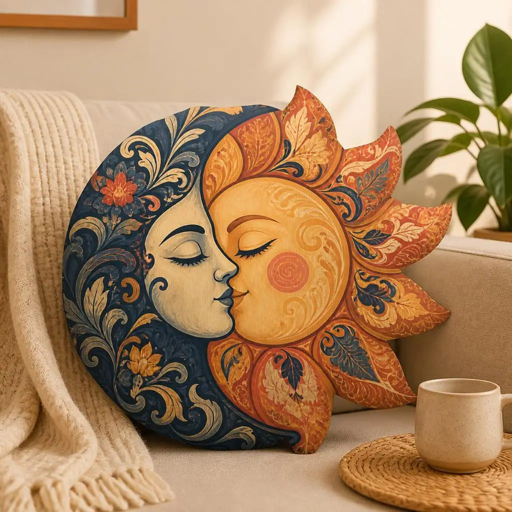 Styled room view: decorative plush pillow featuring sun and moon face eclipse artwork