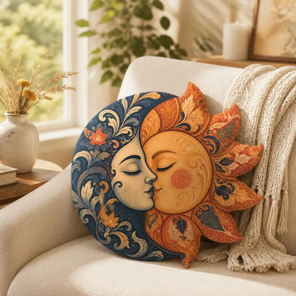 Alternate styled room view: decorative plush pillow featuring sun and moon face eclipse artwork
