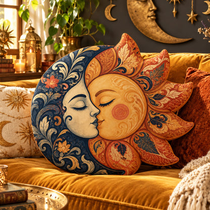 Sun Moon Face Celestial Throw Pillow in a witchy room