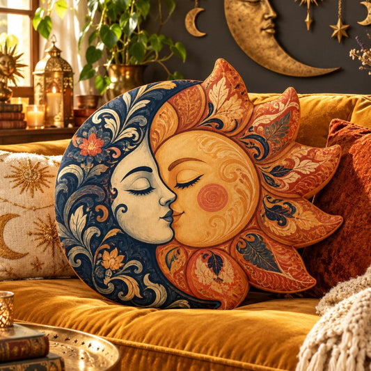 Sun Moon Face Celestial Throw Pillow in a witchy room