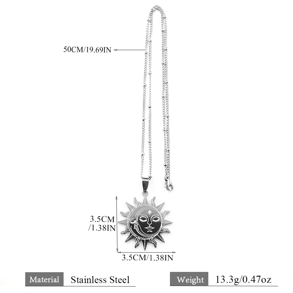 Pendant and chain measurement diagram: Sun Moon Face Necklace in Stainless Steel, featuring a sun face, surrounding rays and a crescent moon.