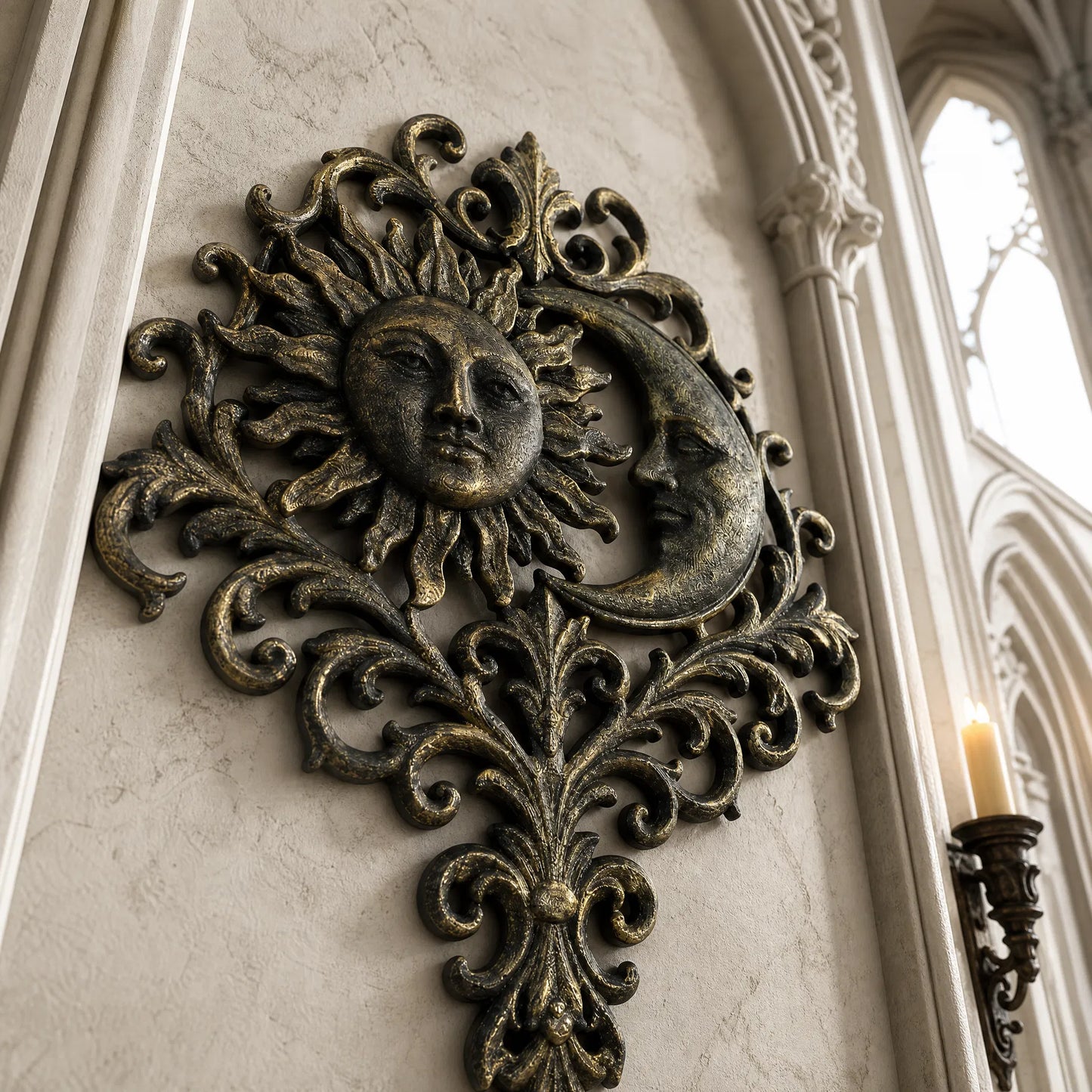 Sun moon face plaque – carved celestial face detail close-up