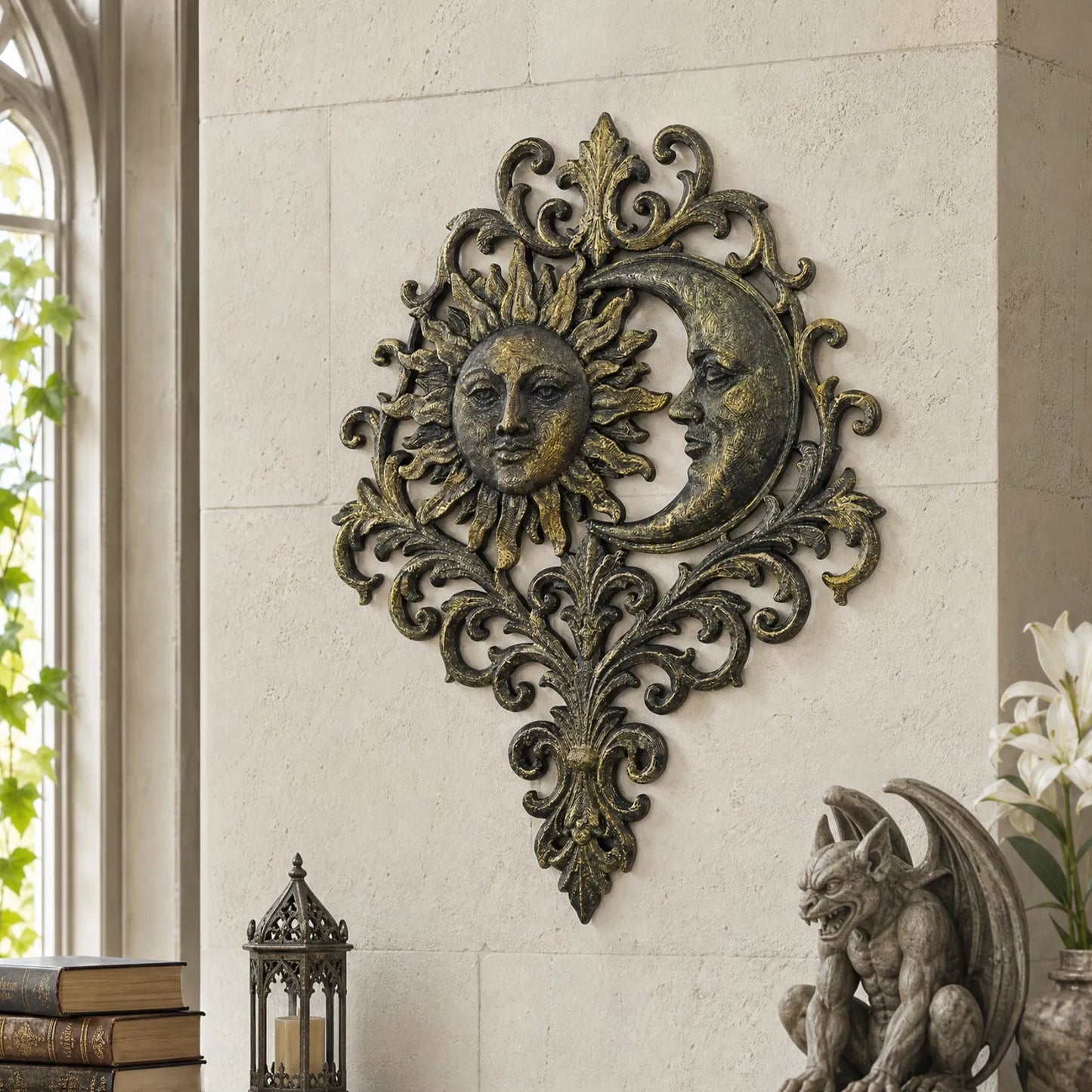 Celestial sun moon relief – baroque scroll wall hanging side view