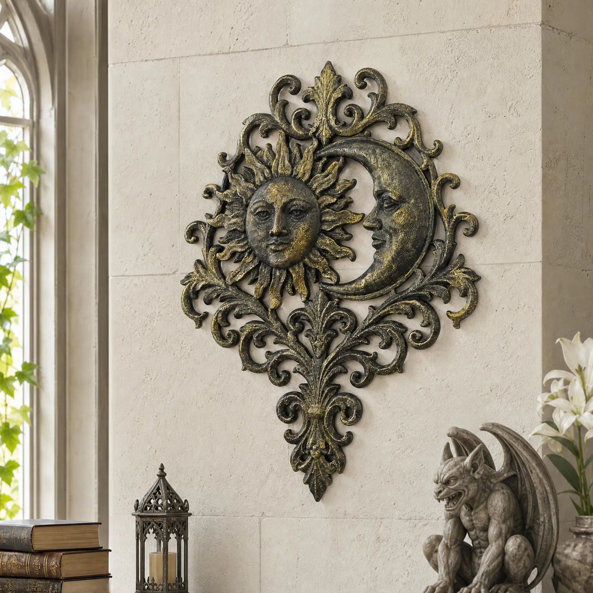 Celestial sun moon relief – baroque scroll wall hanging side view