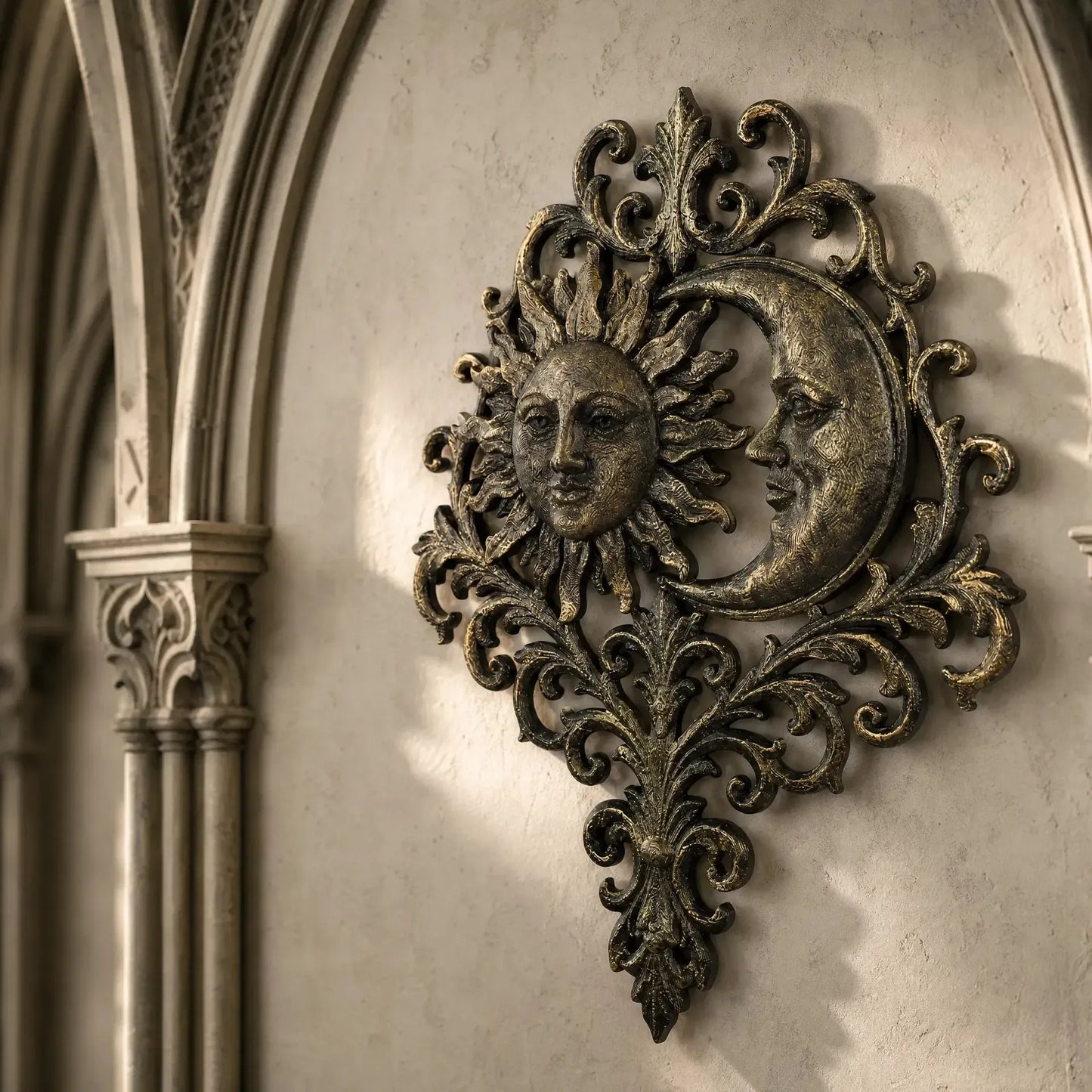 Mystical sun moon wall art – distressed carved detail