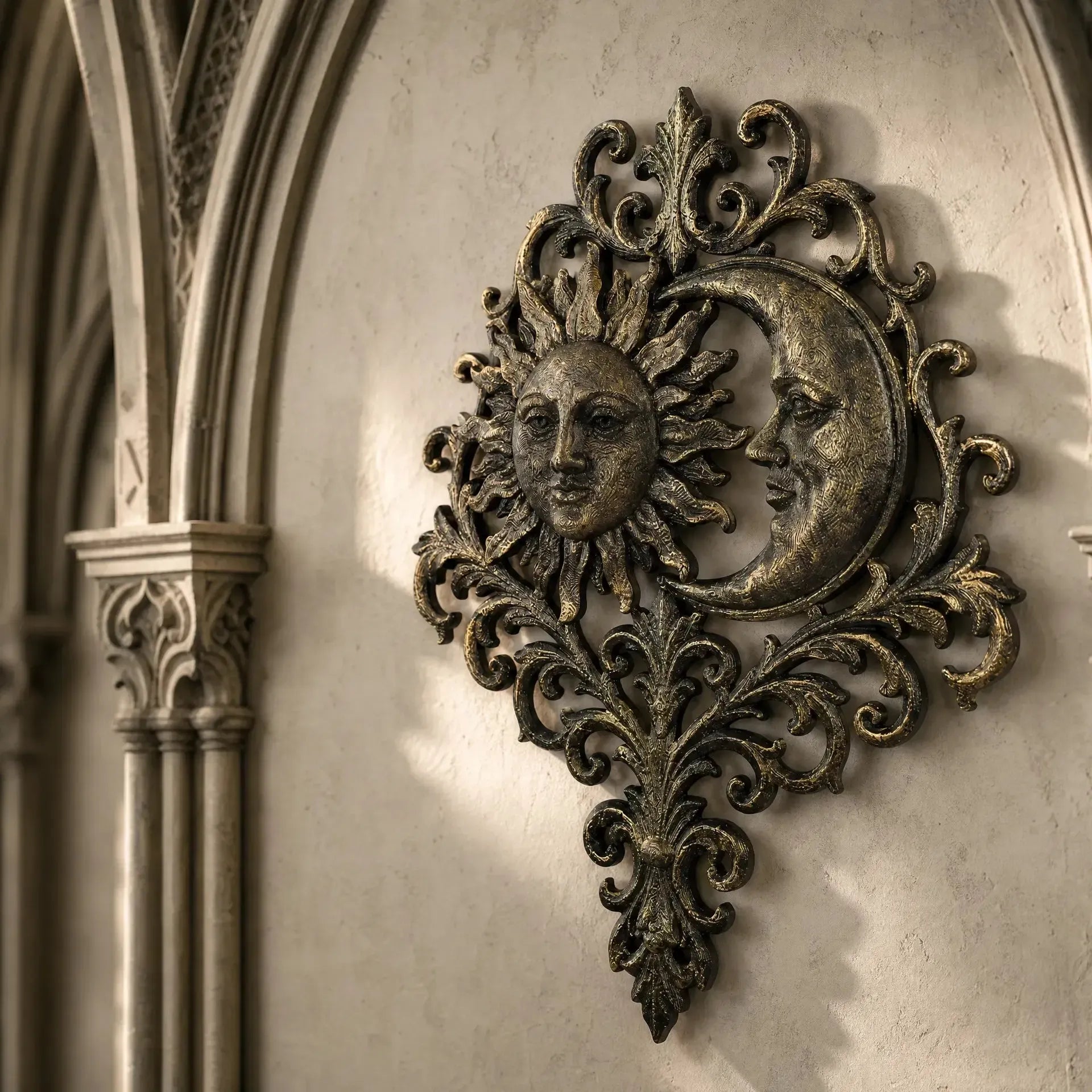 Mystical sun moon wall art – distressed carved detail
