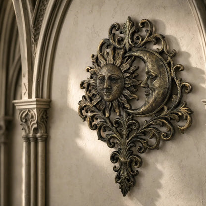 Mystical sun moon wall art – distressed carved detail