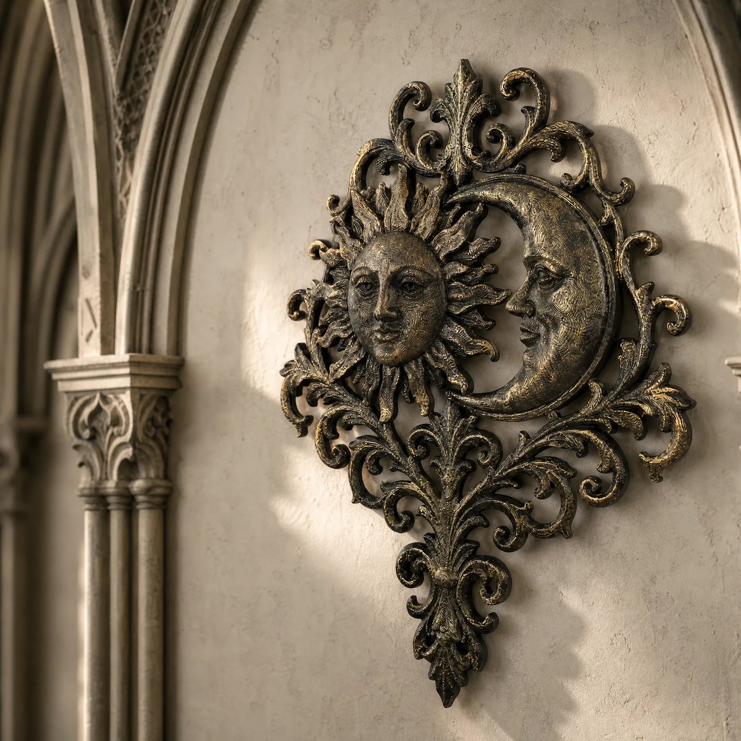Mystical sun moon wall art – distressed carved detail