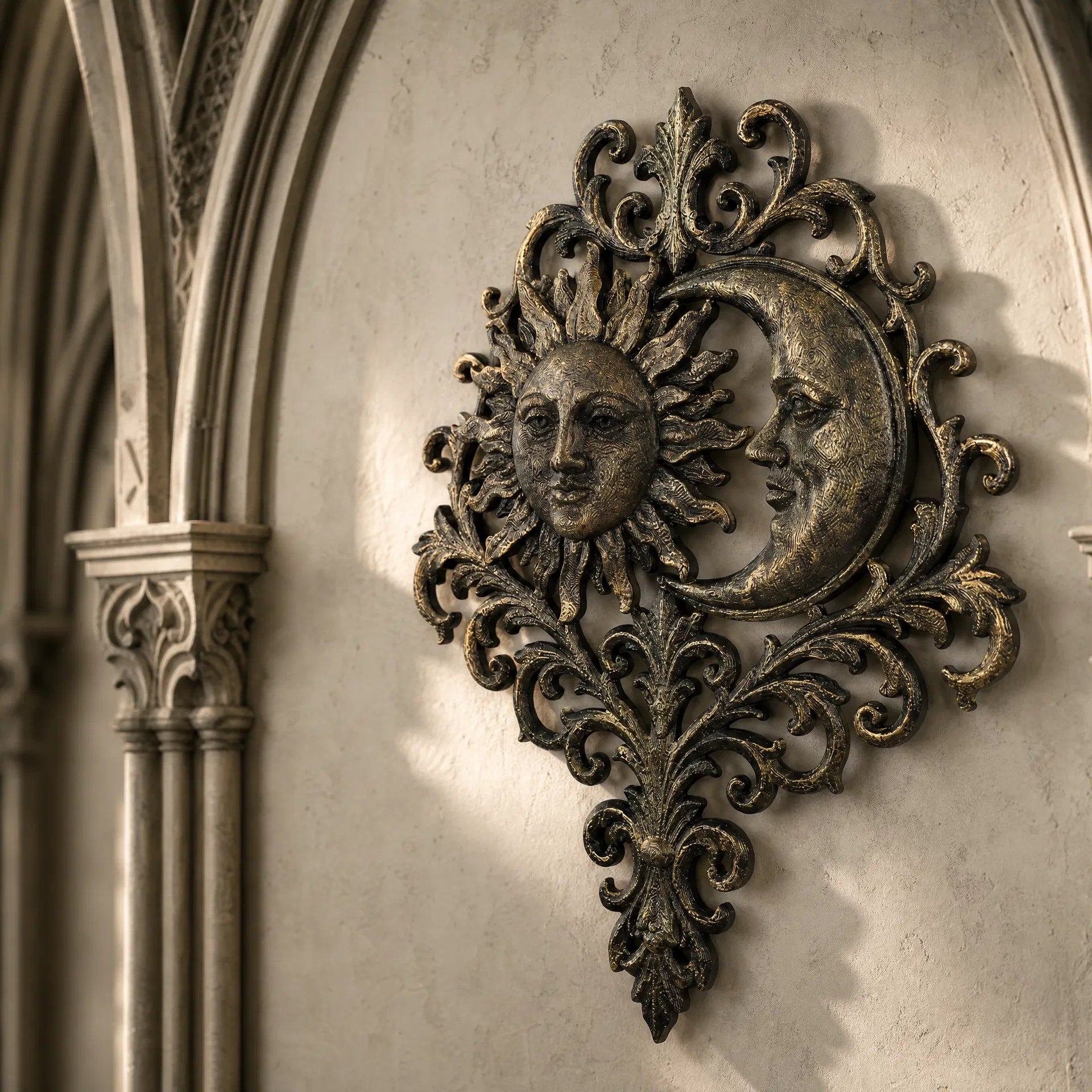 Mystical sun moon wall art – distressed carved detail