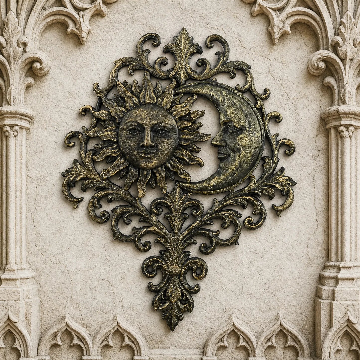 Sun moon face relief wall plaque – baroque celestial gothic wall art, front view