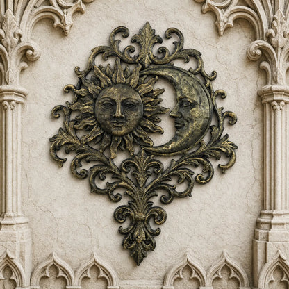 Sun moon face relief wall plaque – baroque celestial gothic wall art, front view