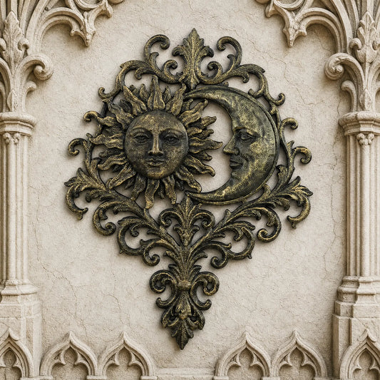 Sun moon face relief wall plaque – baroque celestial gothic wall art, front view