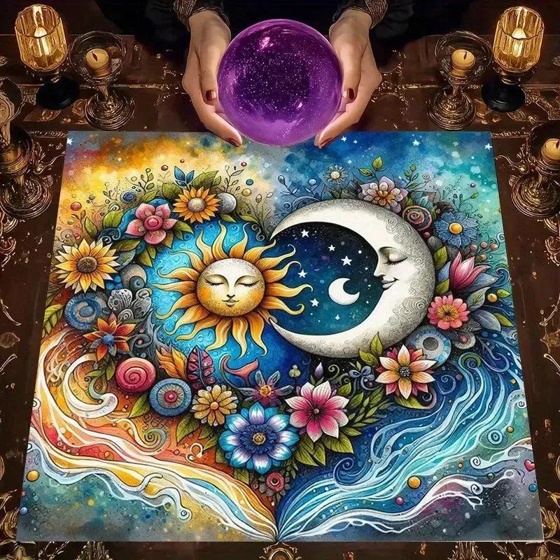 Sun & Moon Floral Harmony Tarot Tablecloth – Mystical Altar Cloth for Divination, Meditation & Cosmic Decor-MoonChildWorld