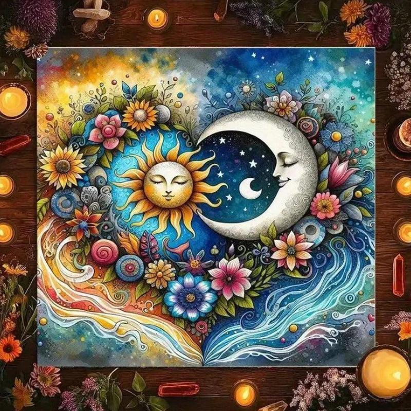 Sun & Moon Floral Harmony Tarot Tablecloth – Mystical Altar Cloth for Divination, Meditation & Cosmic Decor-MoonChildWorld