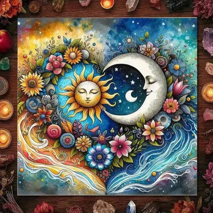 Sun & Moon Floral Harmony Tarot Tablecloth – Mystical Altar Cloth for Divination, Meditation & Cosmic Decor-MoonChildWorld