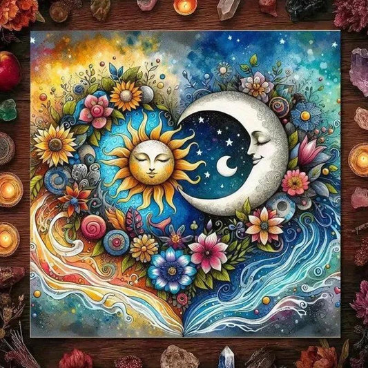 Sun & Moon Floral Harmony Tarot Tablecloth – Mystical Altar Cloth for Divination, Meditation & Cosmic Decor-MoonChildWorld