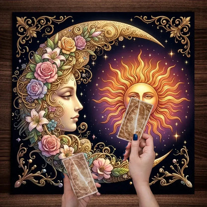 Gold floral sun moon goddess altar cloth black background – Pagan divination meditation mat