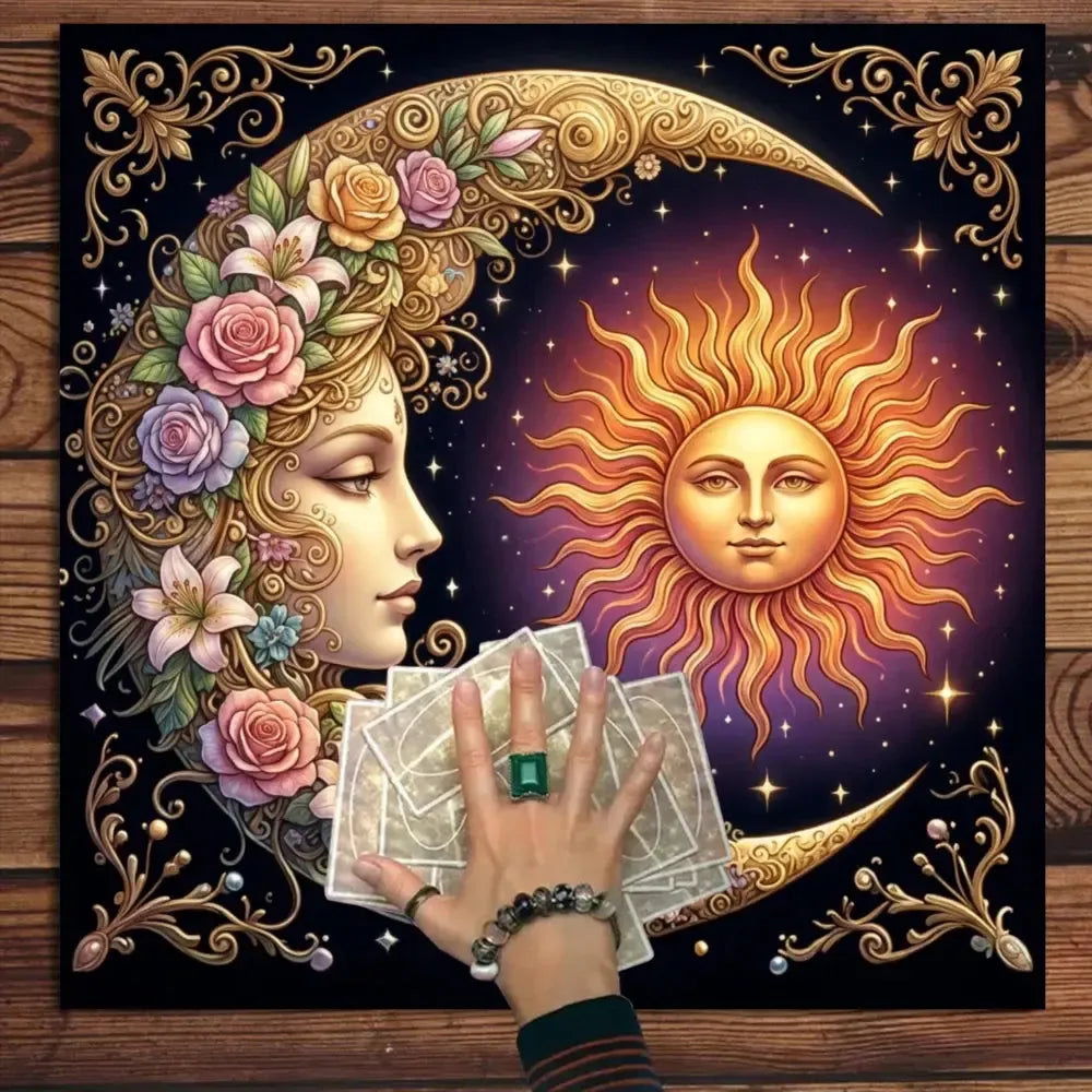 Sun moon goddess tarot mat golden botanical black – witchy Wiccan sacred space altar cloth