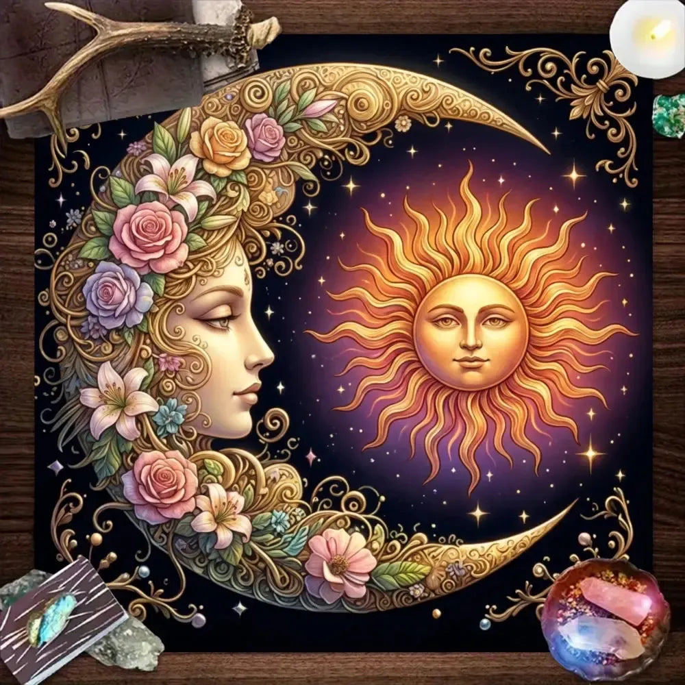 Sun and Moon Goddess Altar Cloth golden floral on black – Wiccan tarot spiritual ritual mat