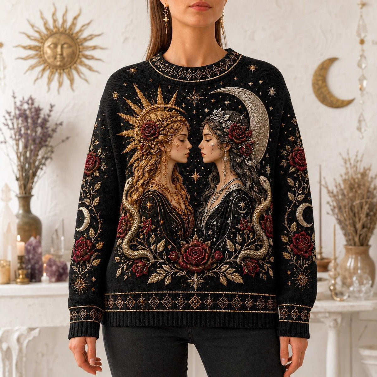 Sun Moon Goddess Sweater Rose Serpent Black Gold Knit Jumper worn, front view