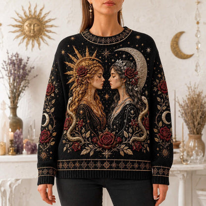 Sun Moon Goddess Sweater Rose Serpent Black Gold Knit Jumper worn, front view