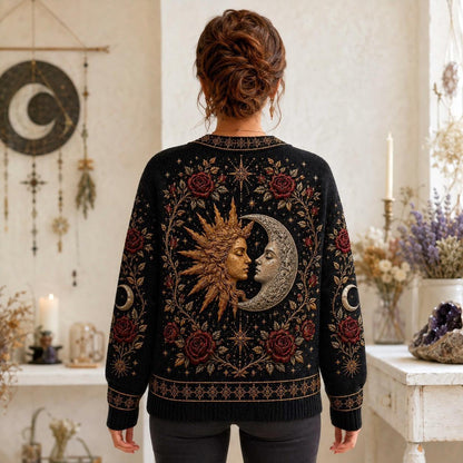 Sun Moon Goddess Sweater Rose Serpent Black Gold Knit Jumper worn, back view
