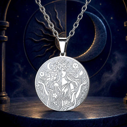 A silver pendant necklace featuring an intricately engraved celestial design with a woman, sun, moon, and stars, displayed on a dark, mystical background with a crescent moon and sun motif.