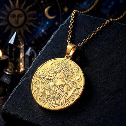 A gold-toned circular pendant necklace with an embossed celestial design of a woman under a crescent moon and sun, displayed on a dark textured stone slab with mystical background props.