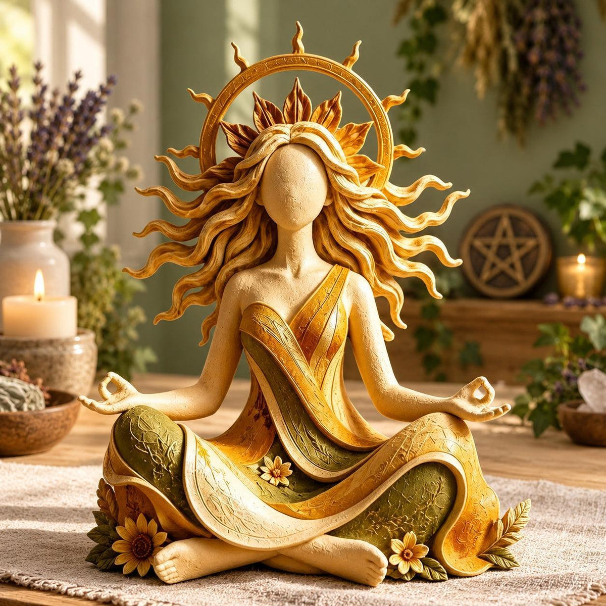 Sun goddess resin statue in a pagan Wiccan room