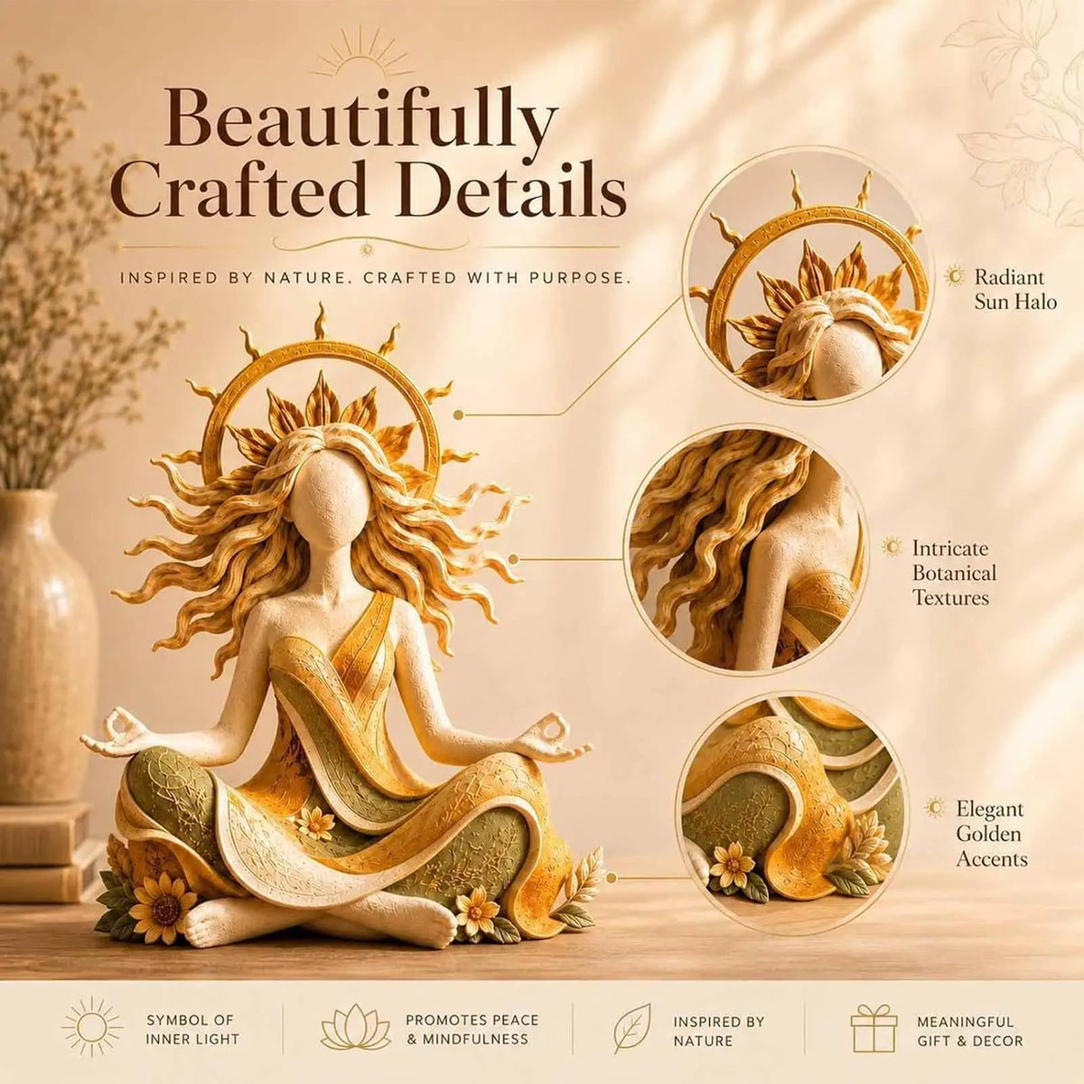 Zen meditation statue styled with crystals and candles