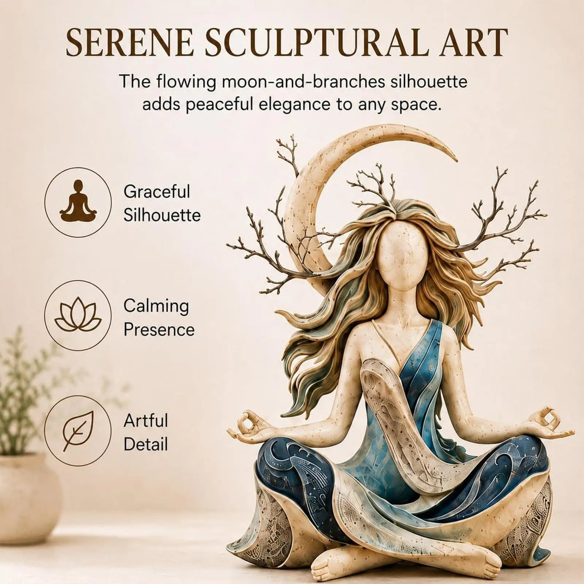 Abstract moon goddess figurine shown from the rear