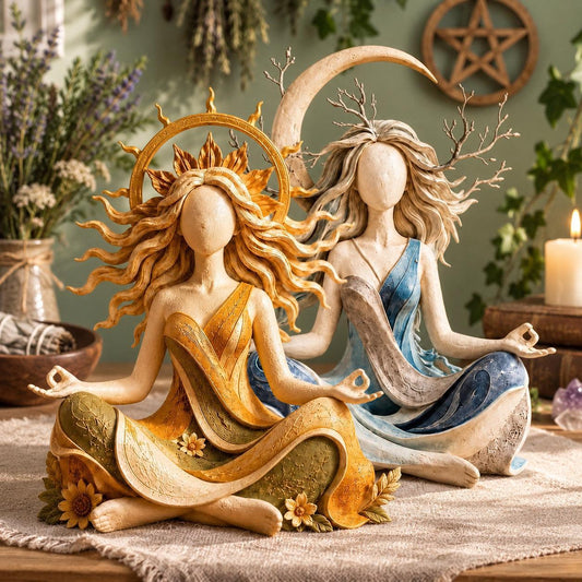 Sun and Moon goddess resin statue in a pagan Wiccan room