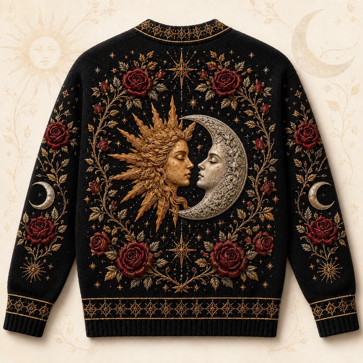 Sun Moon Goddess Sweater Rose Serpent Black Gold Knit Jumper back view